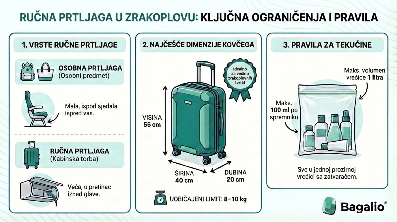Infografika: Dimenzije ručne prtljage i pravila za tekućine u zrakoplovu.