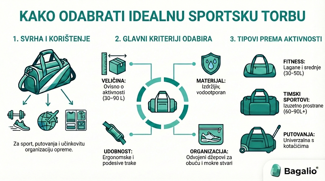 Infografika: Kako odabrati idealnu sportsku torbu prema namjeni, veličini i materijalu.